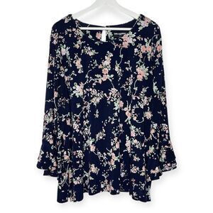 Karl Lagerfeld Paris Blue Pink Floral Ruffle Sleeve Blouse Top Women’s Size 2X